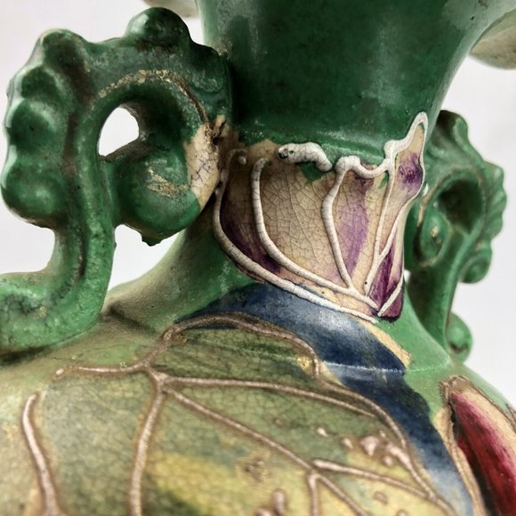 Vintage Moriage Floral Ceramic Vase - Green/Orange/Purple BOHO 10” Tall - Picture 4 of 16